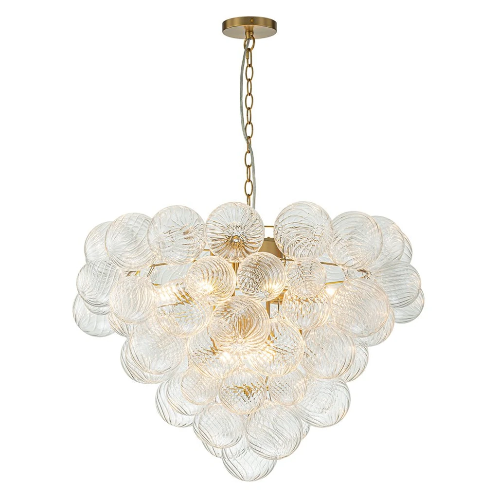 Amelie French brass and clear swirled glass chandelier on white