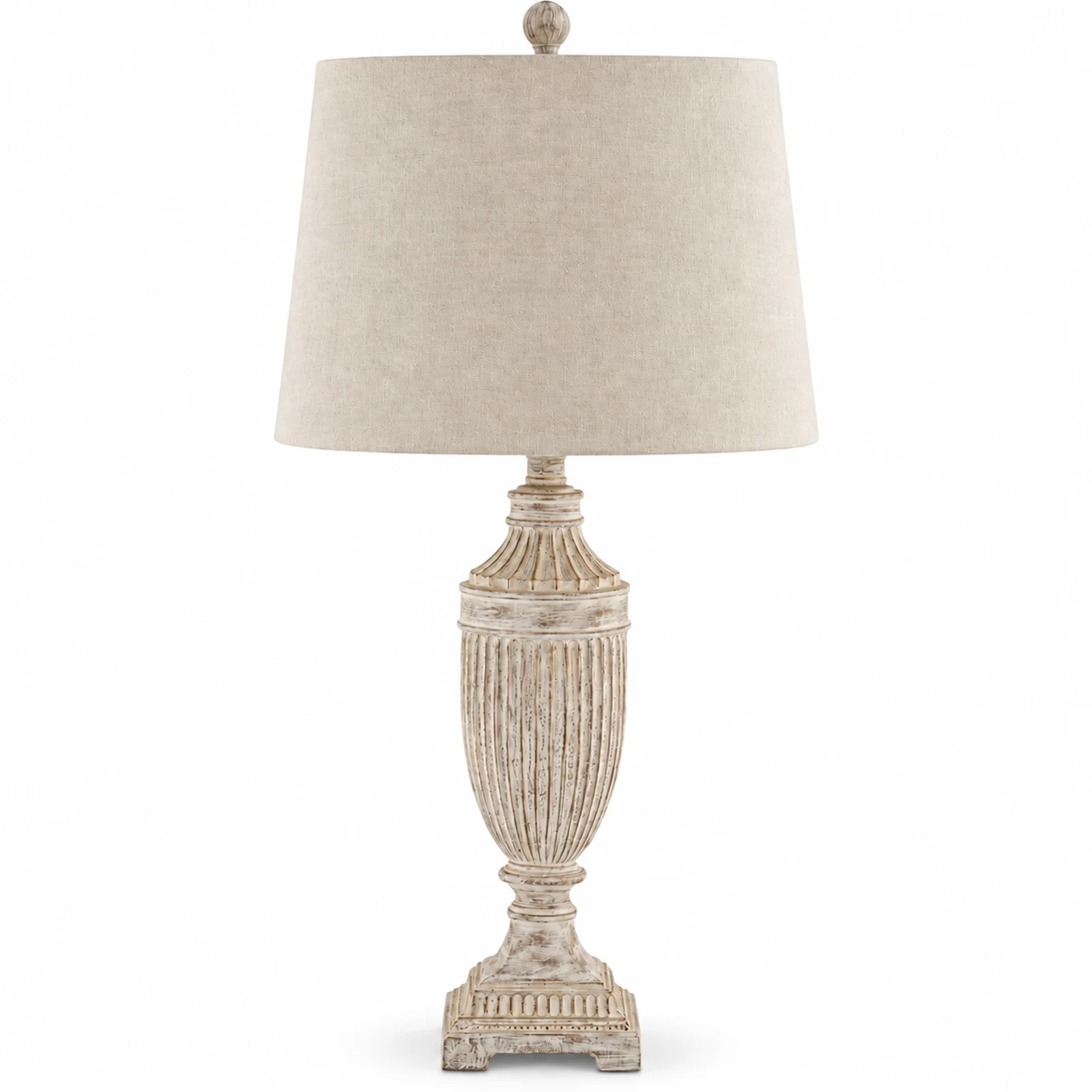 Jules rustic carved fluted solid-wood table lamp with cream shade on white background