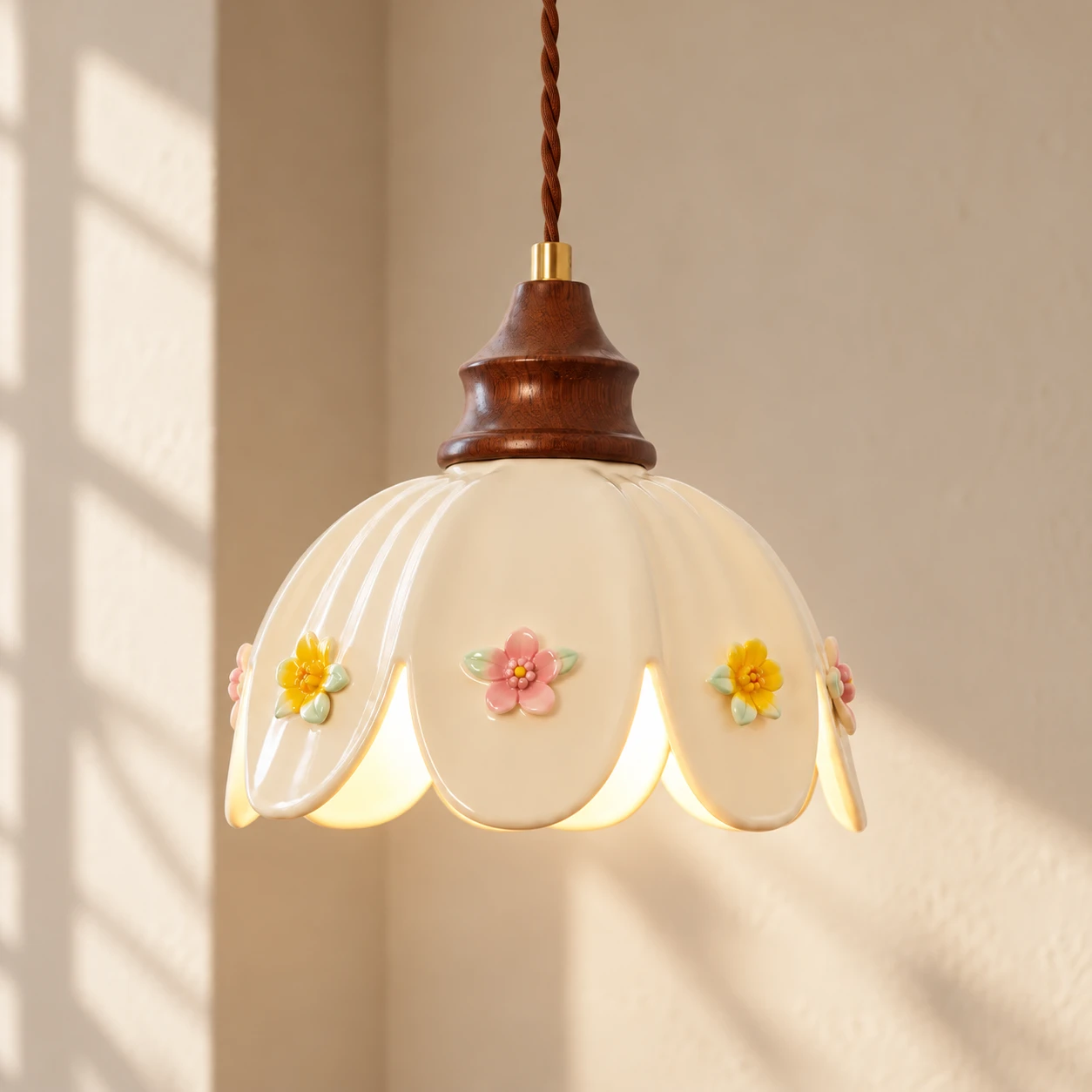 Adeline floral ceramic wood pendant light