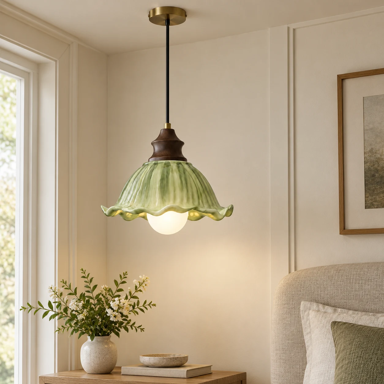 Single green glass pendant in a home reading corner