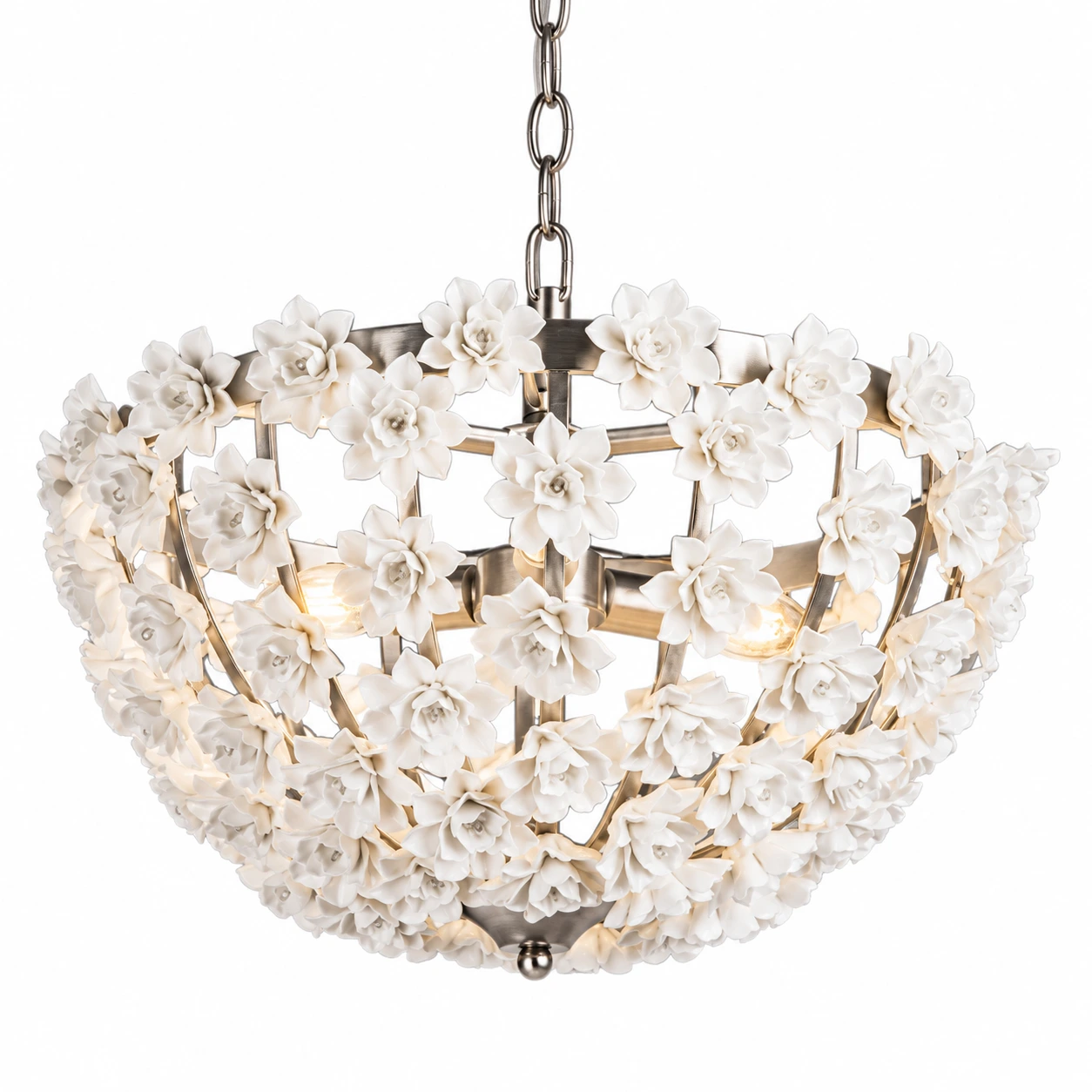 Silver floral bowl chandelier, diameter 40 cm, on white