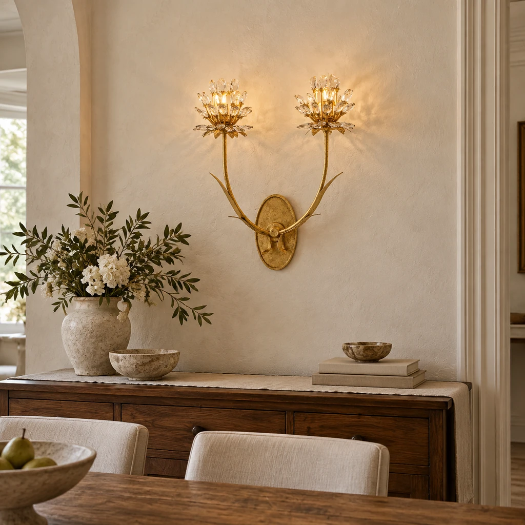 Aria crystal flower wall light in a dining alcove