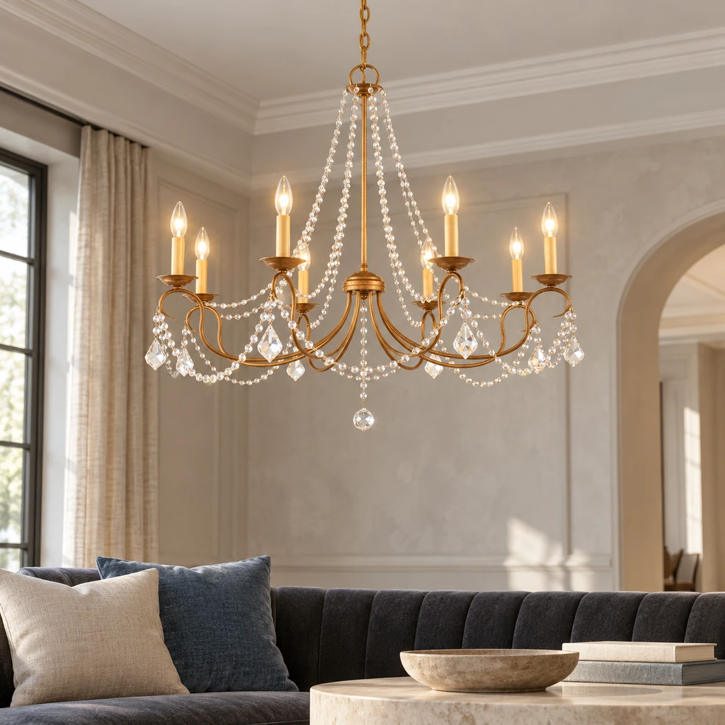 Mila American Vintage Crystal and Iron Chandelier, Antique Gold Crystal, medium-near studio setting