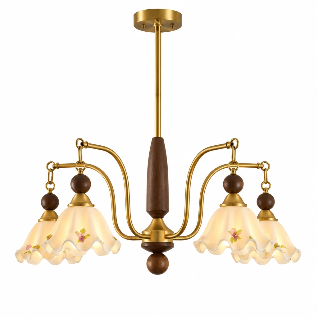 Camille wood and metal chandelier on white
