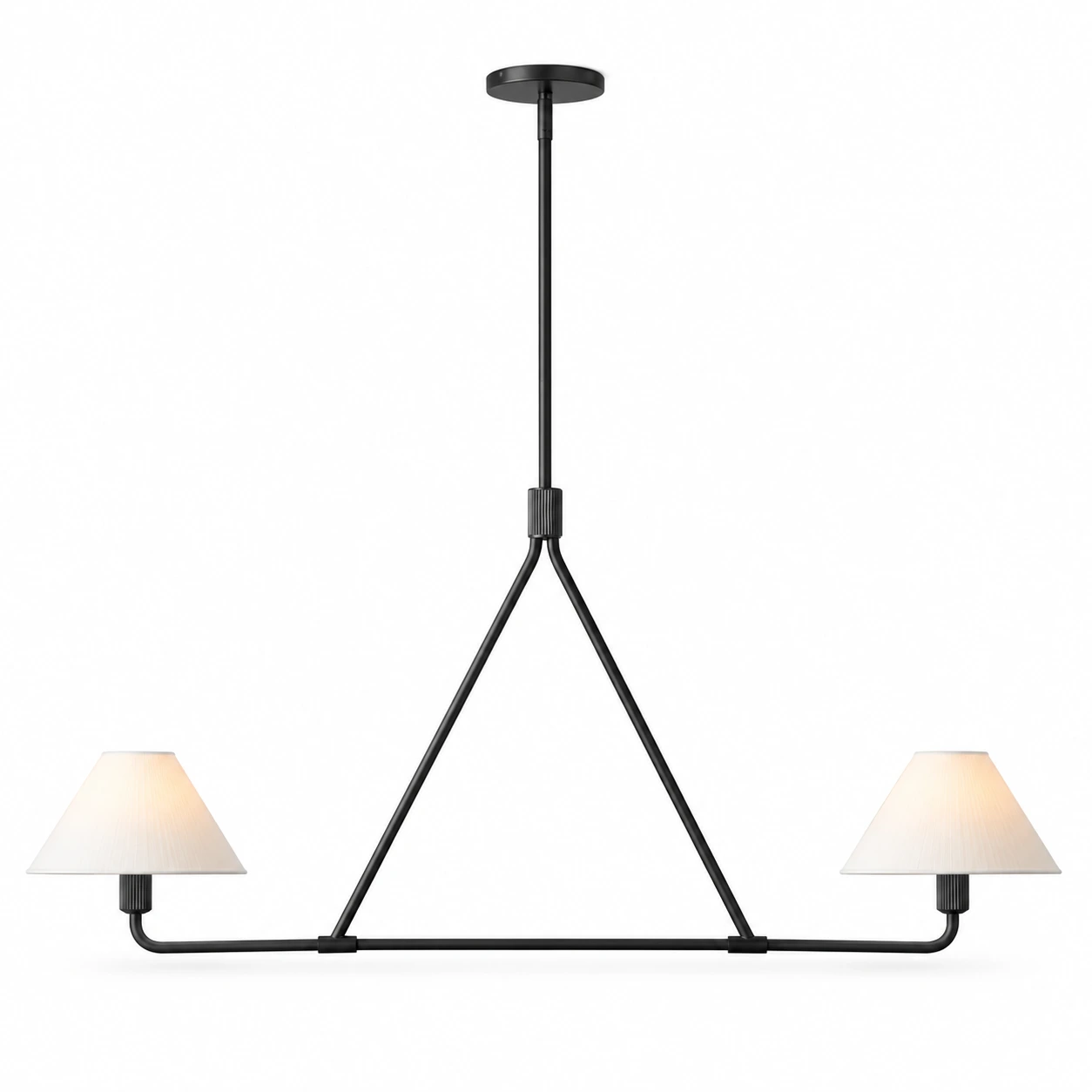 2-Light Black linear iron chandelier with two pleated fabric shades