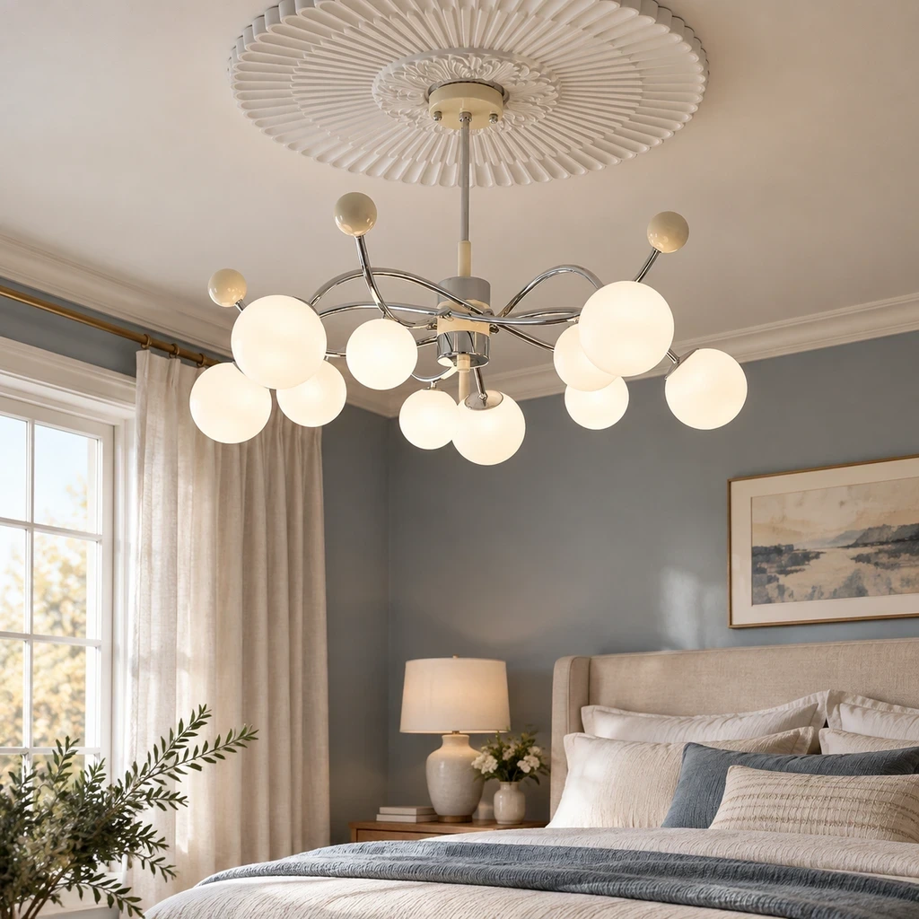 Nora Vintage Multi-Light Glass Iron Chandelier in a bedroom setting
