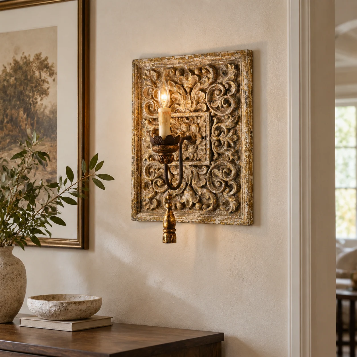 Elena Vintage Carved Wood Wall Sconce — scene