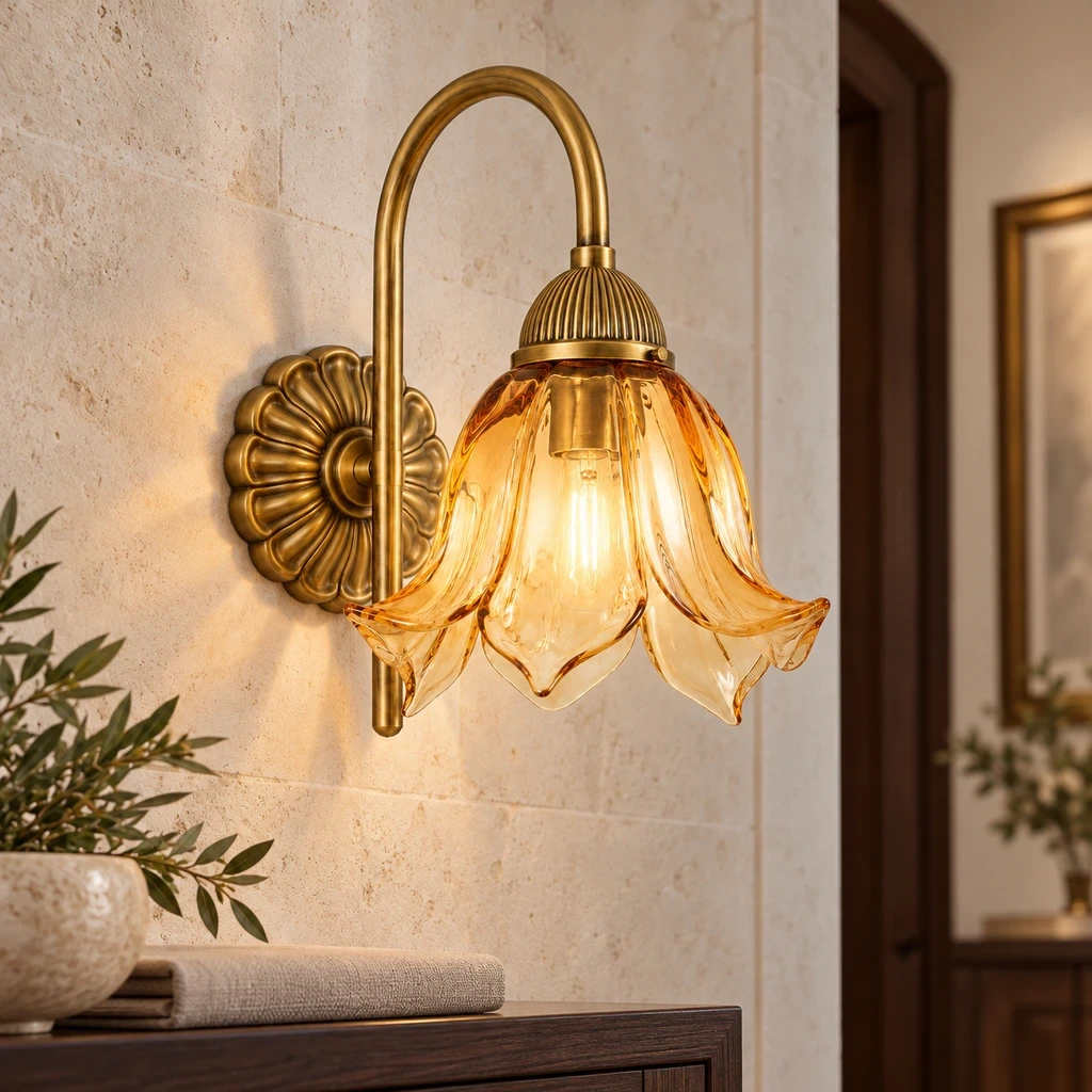 Wushlp Vintage Amber-Petal Glass Wall Light in a guest-room entry