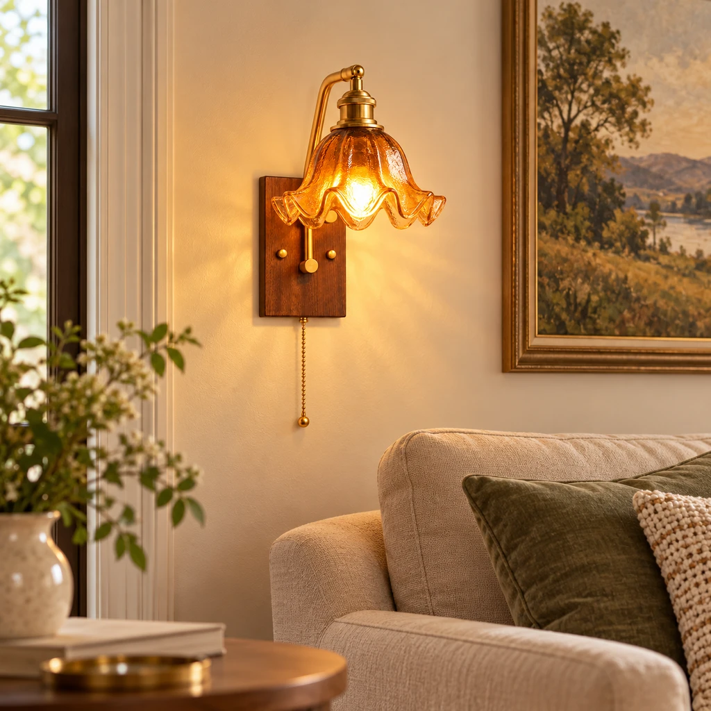 Nora amber glass petal wall sconce in a living room