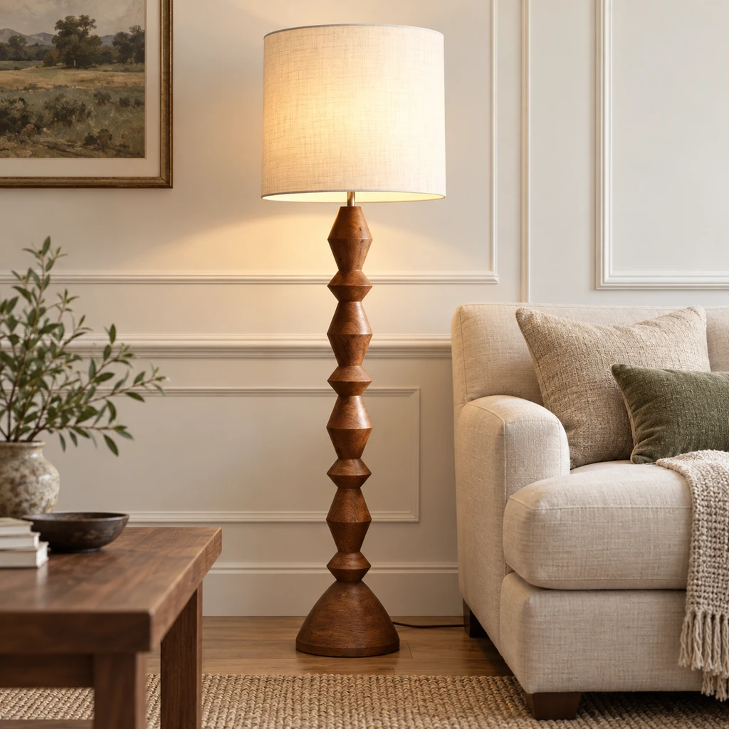Maya Vintage Carved Wood and Fabric Floor Lamp, Carved Wood, medium-near living setting