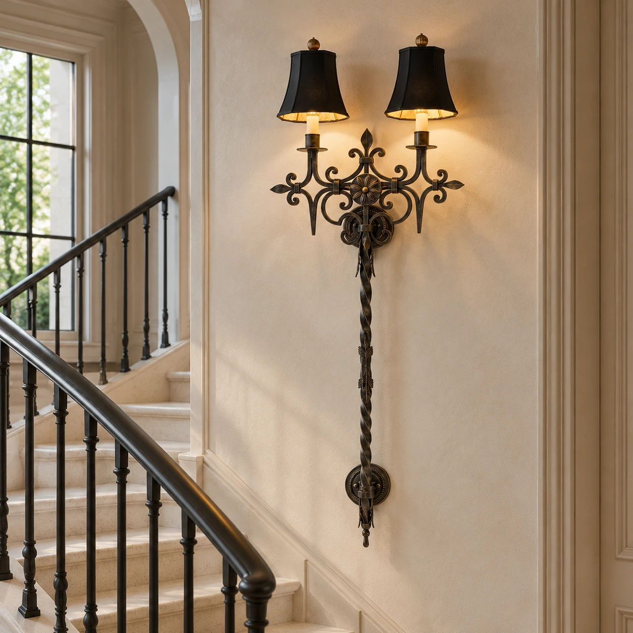 Wall sconce beside a pale stone staircase