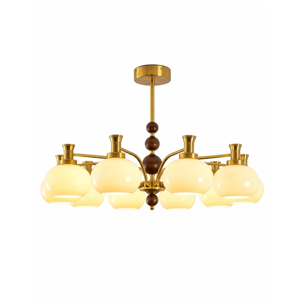 Close detail of Maeve French Multi-Light Glass Wood Chandelier material and form