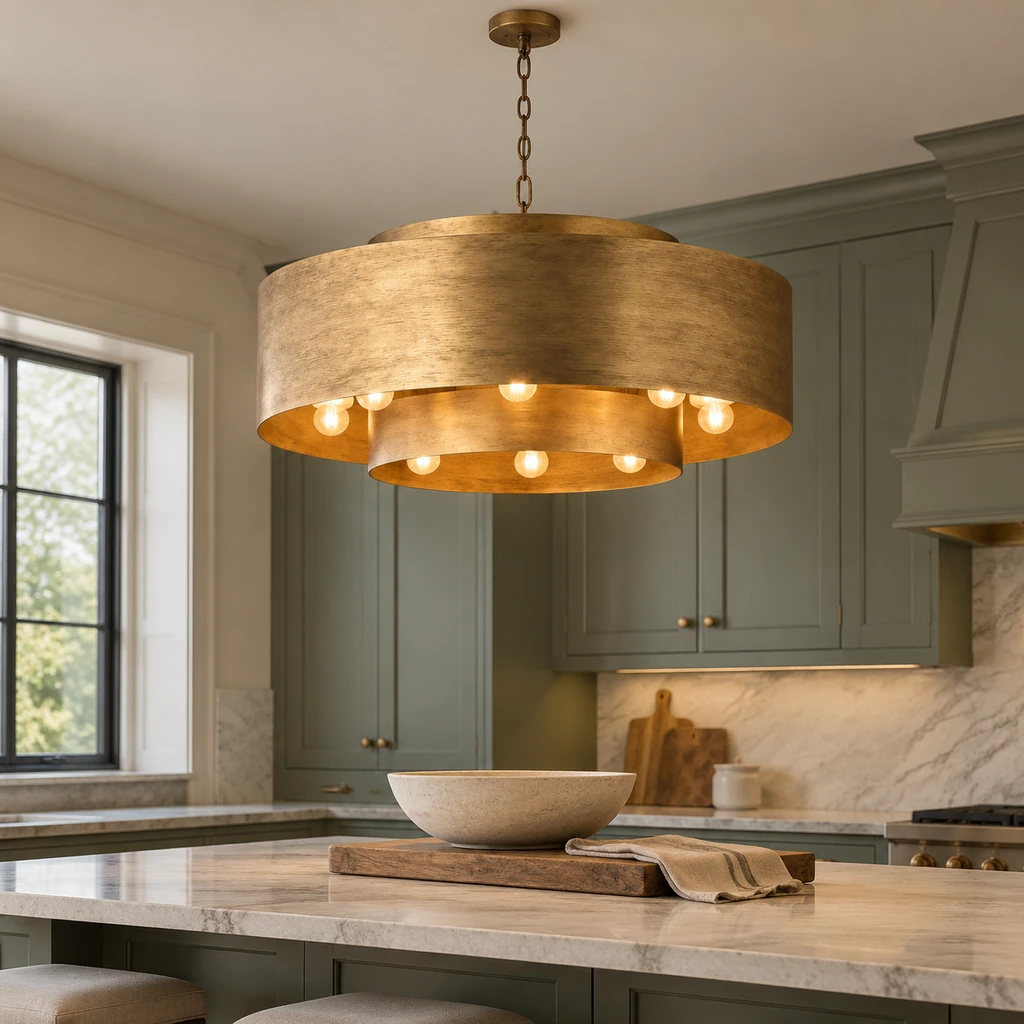 Isla layered pendant above a lived-in kitchen island
