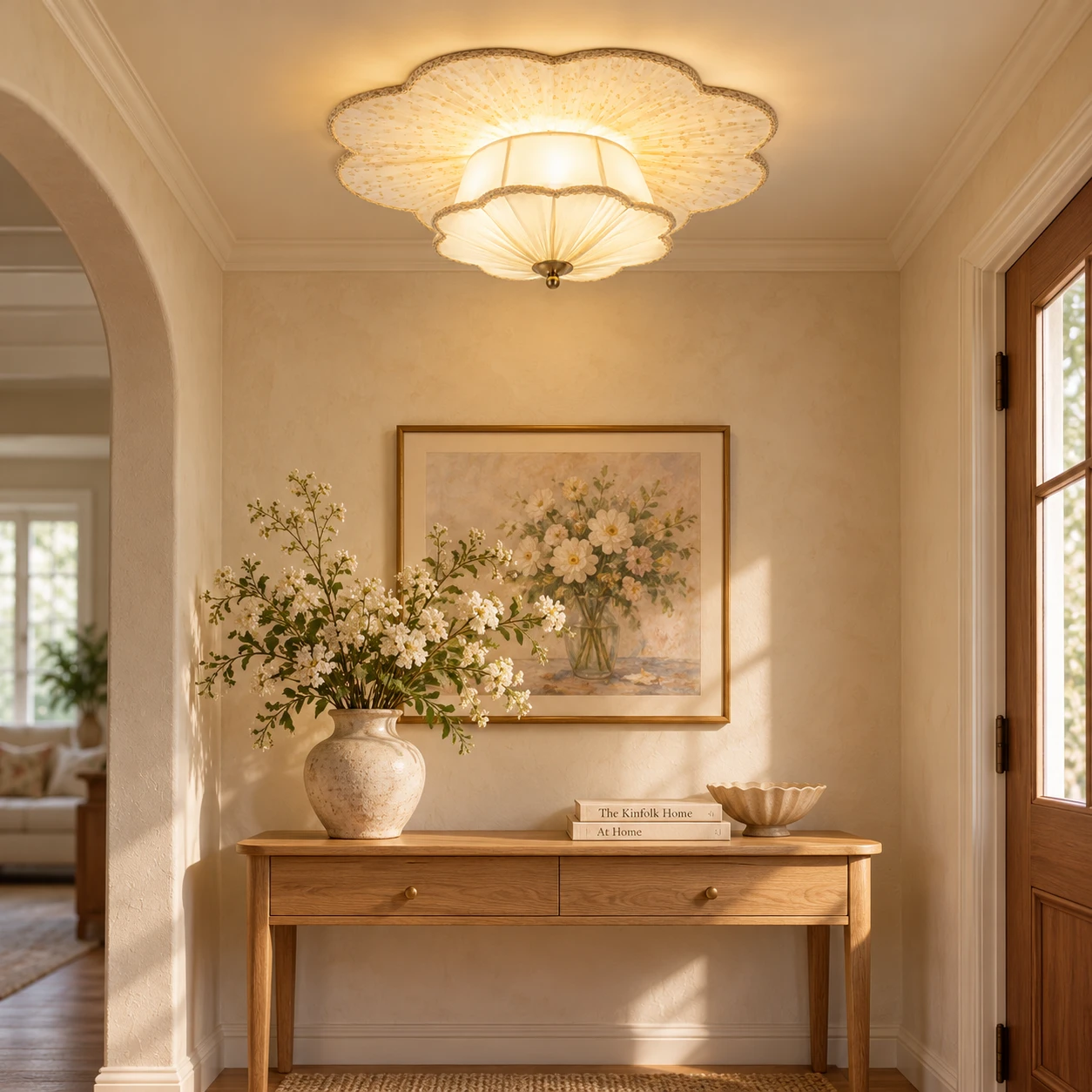 Elise floral fabric ceiling light over a warm entry console