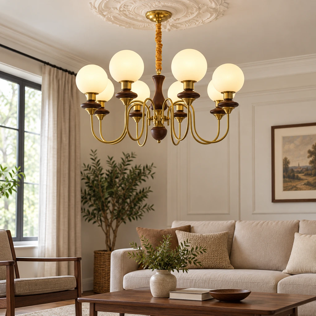 Evelyn mid-century wood and brass chandelier in a living room