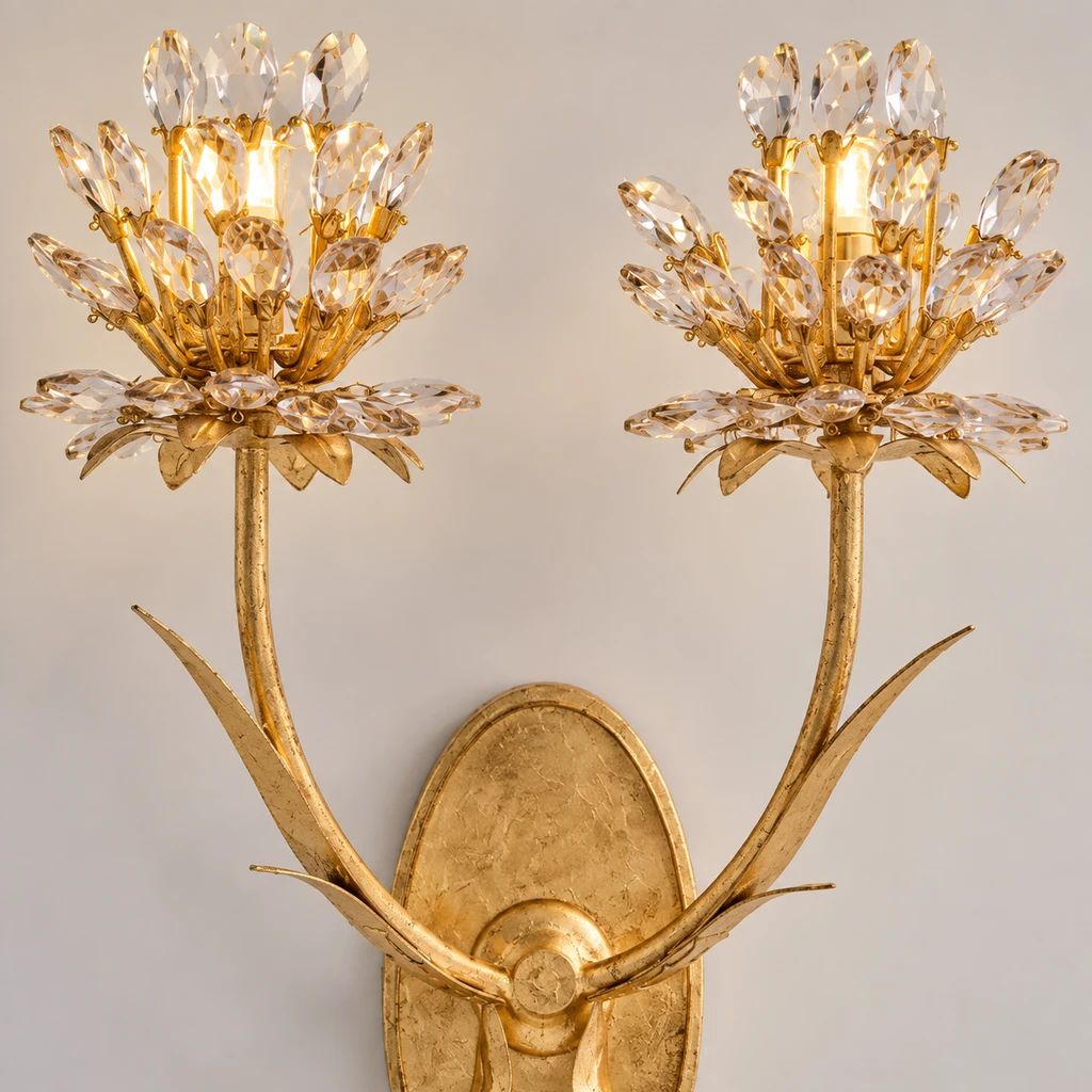 Close detail of Aria two-head floral crystal arrangement