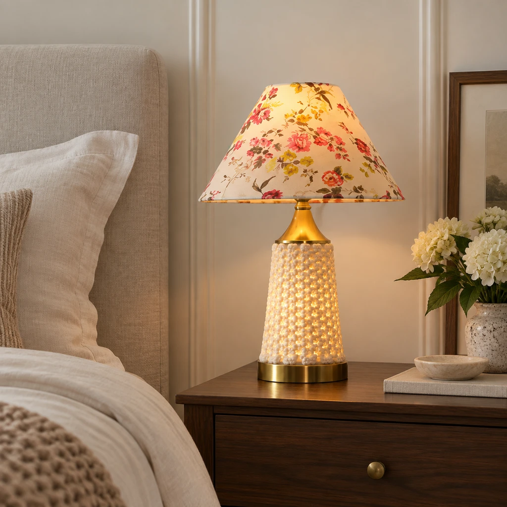 Clara ceramic table lamp on a walnut bedside table