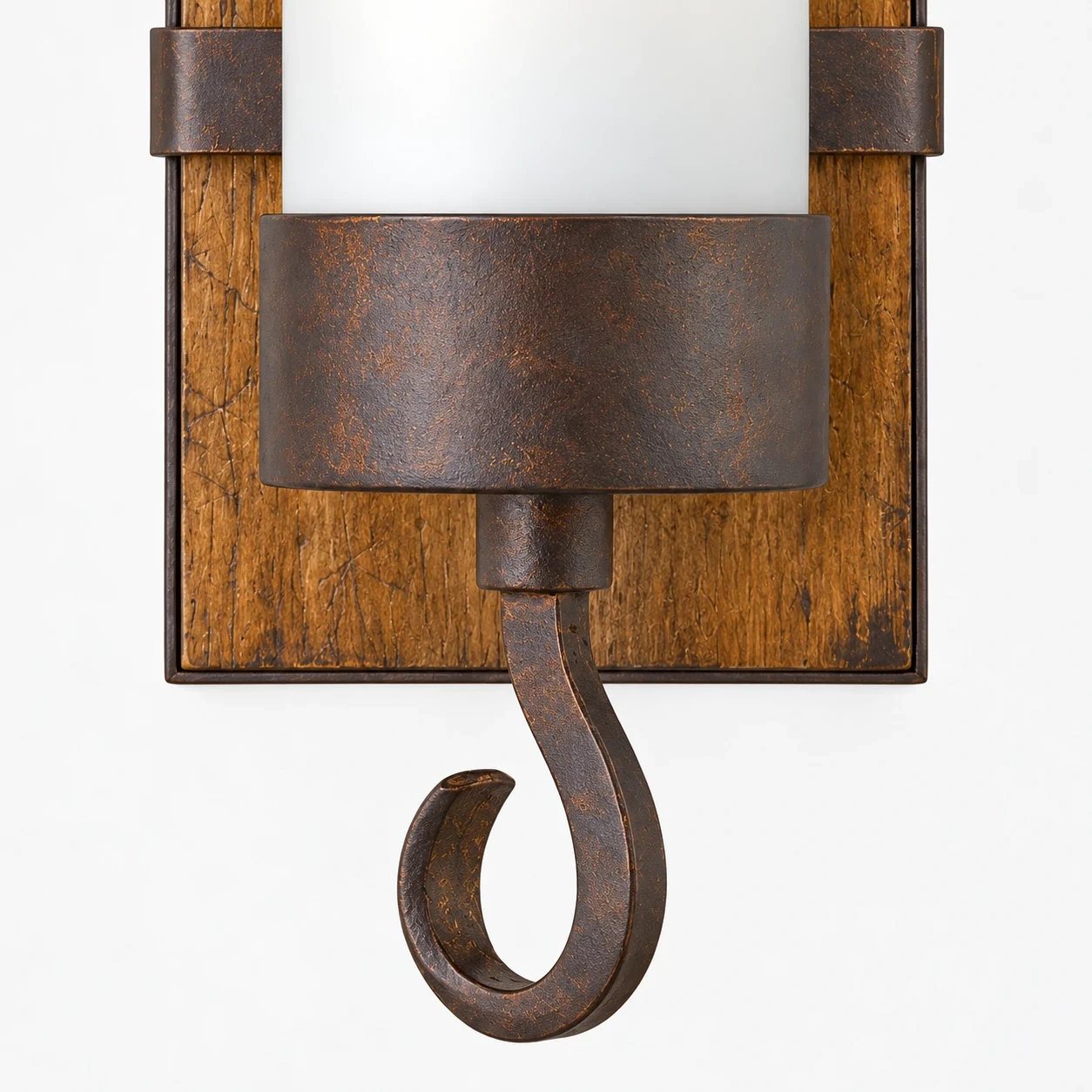Close view of the scroll hook base on the Wren wood wall sconce