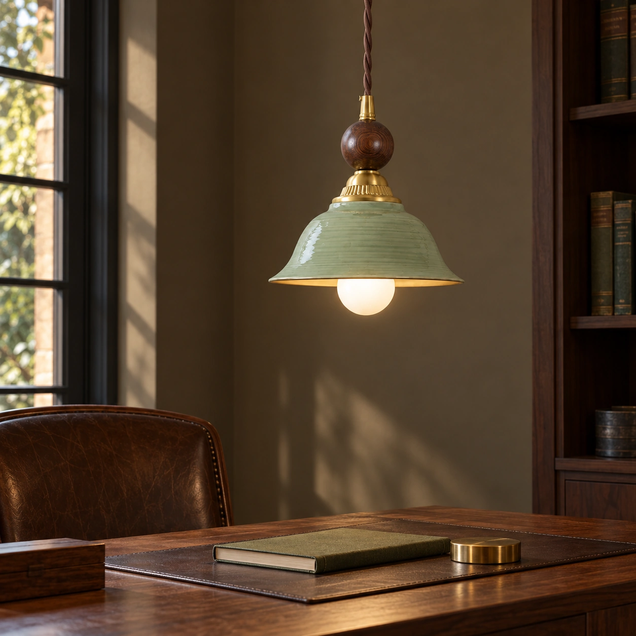 Vintage Green-Glazed Ceramic Pendant Light above a study desk