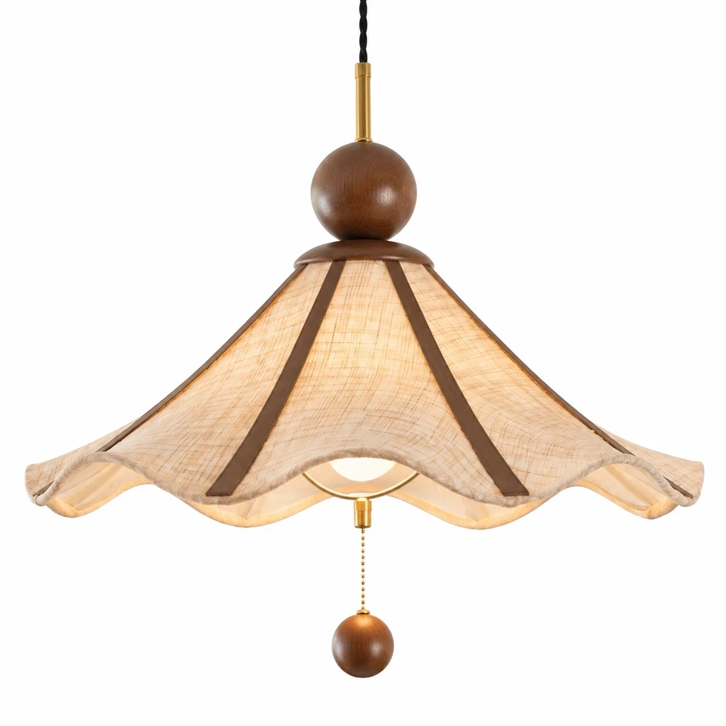 Close detail of Amelie Vintage Single-Light Fabric Wood Pendant Light light behavior