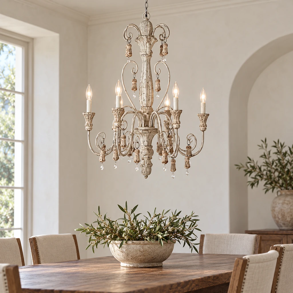Elowen chandelier above a walnut dining table