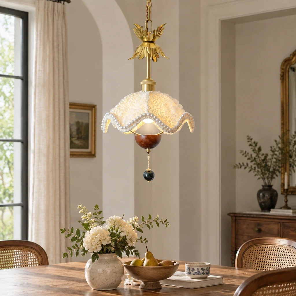 Sophie Floral Fabric Iron Pendant Light in a dining or living setting