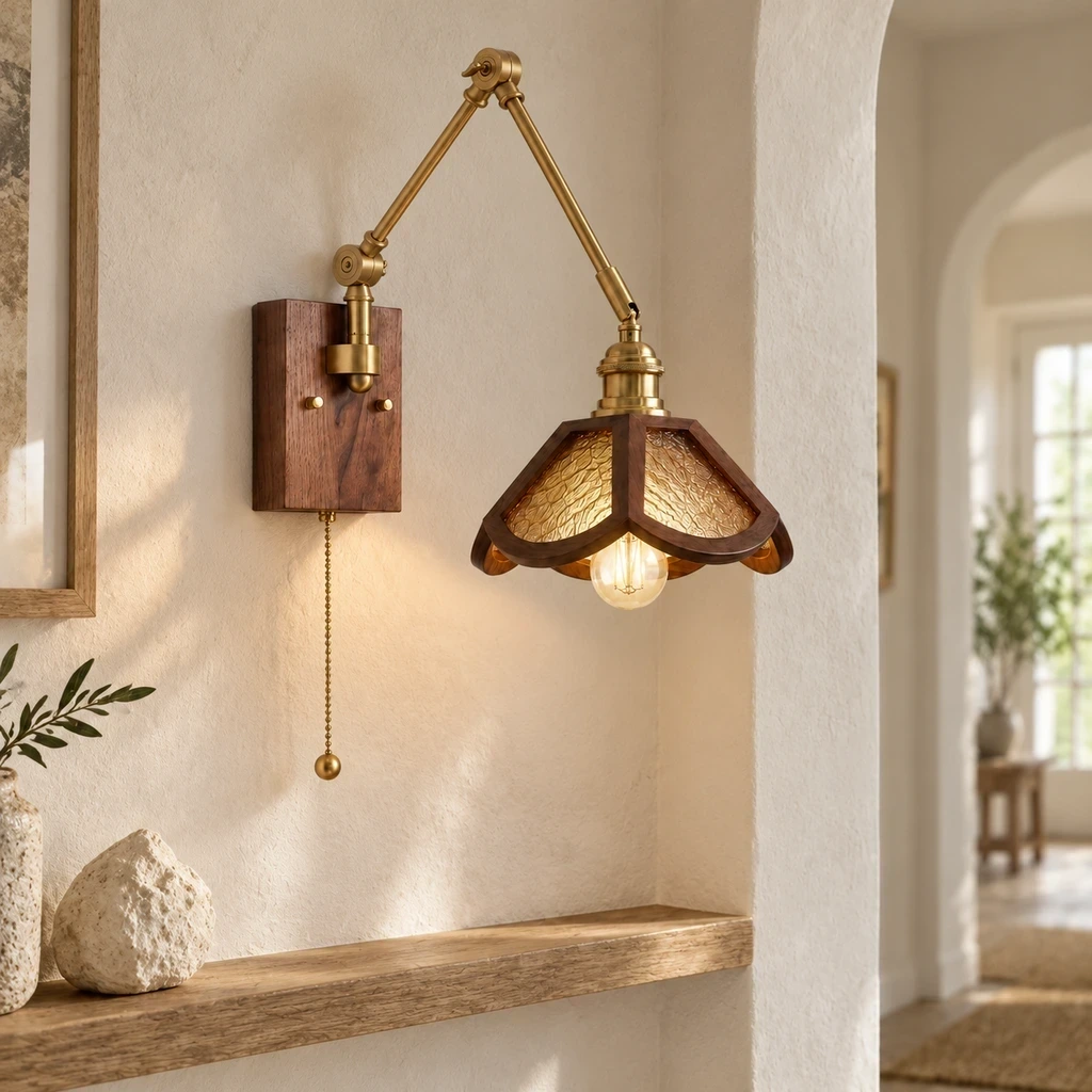 Wushlp Vintage Adjustable Ash-Wood and Copper Wall Light in a bright hallway