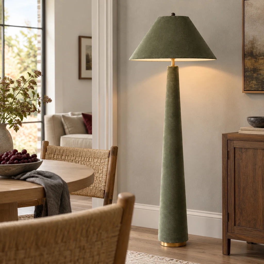 Marlowe green velvet floor lamp in a dining-lounge transition