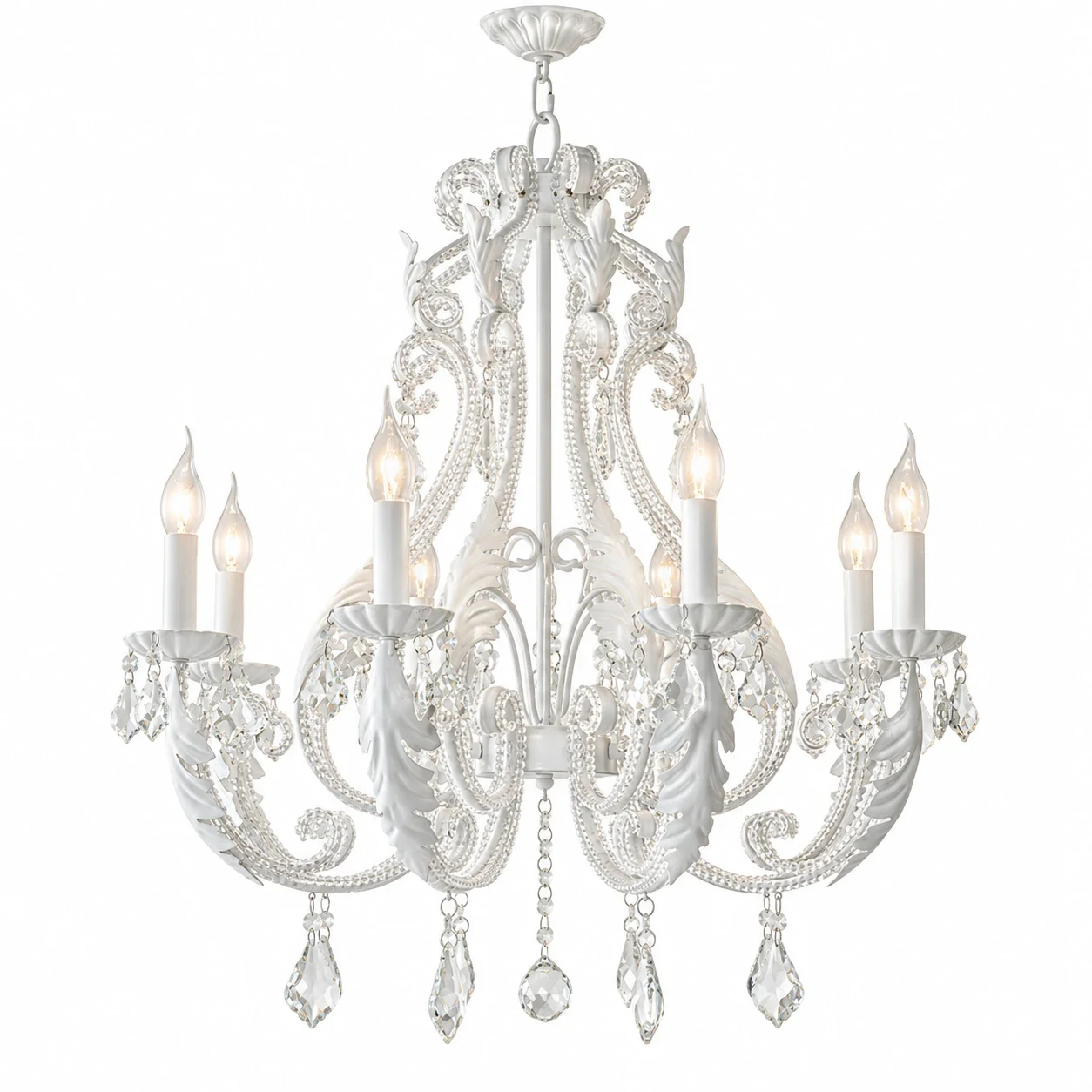 Camille 8-light white French crystal iron chandelier on white background