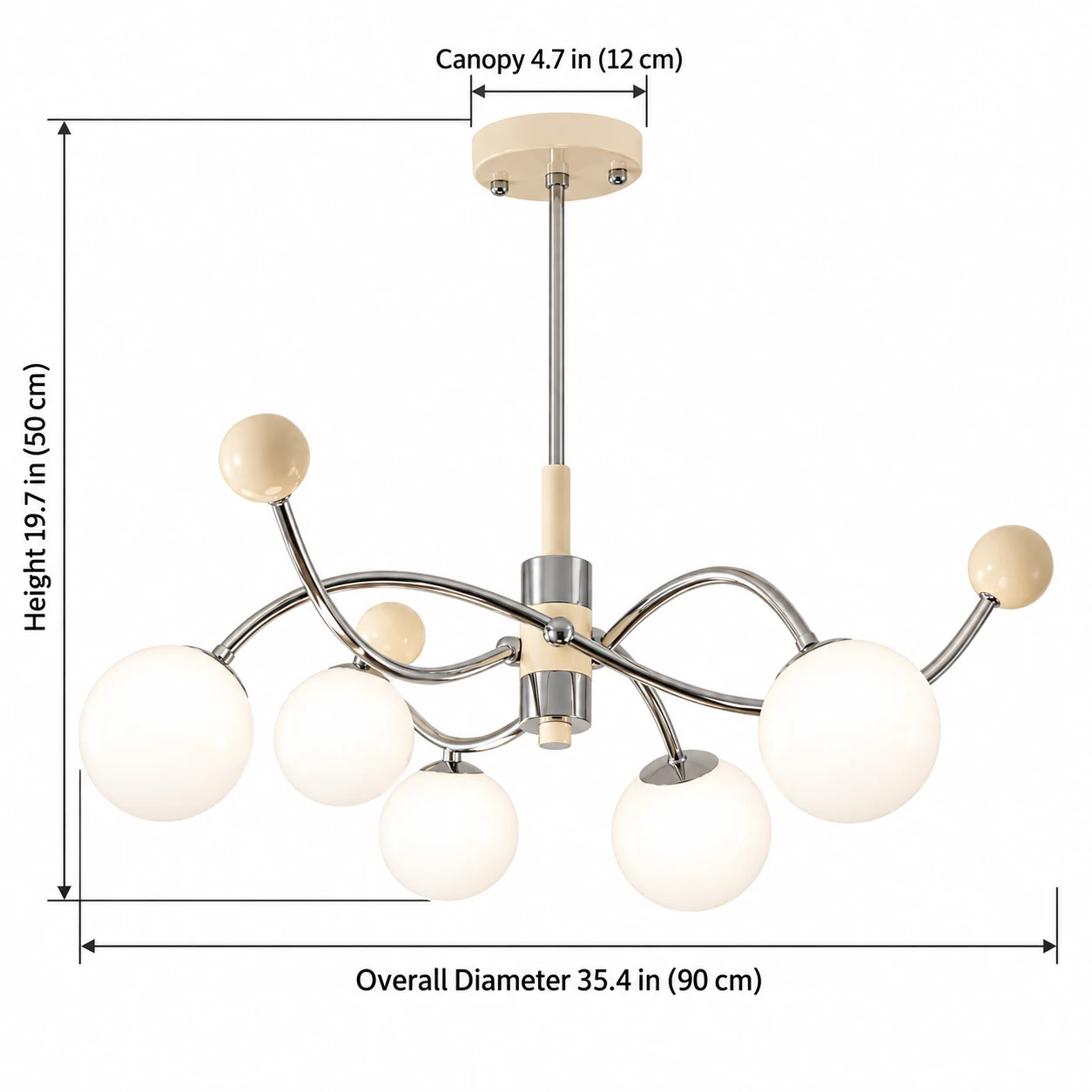 6 Lights dimensions: diameter 35.4 in (90 cm), height 19.7 in (50 cm), canopy 4.7 in (12 cm)
