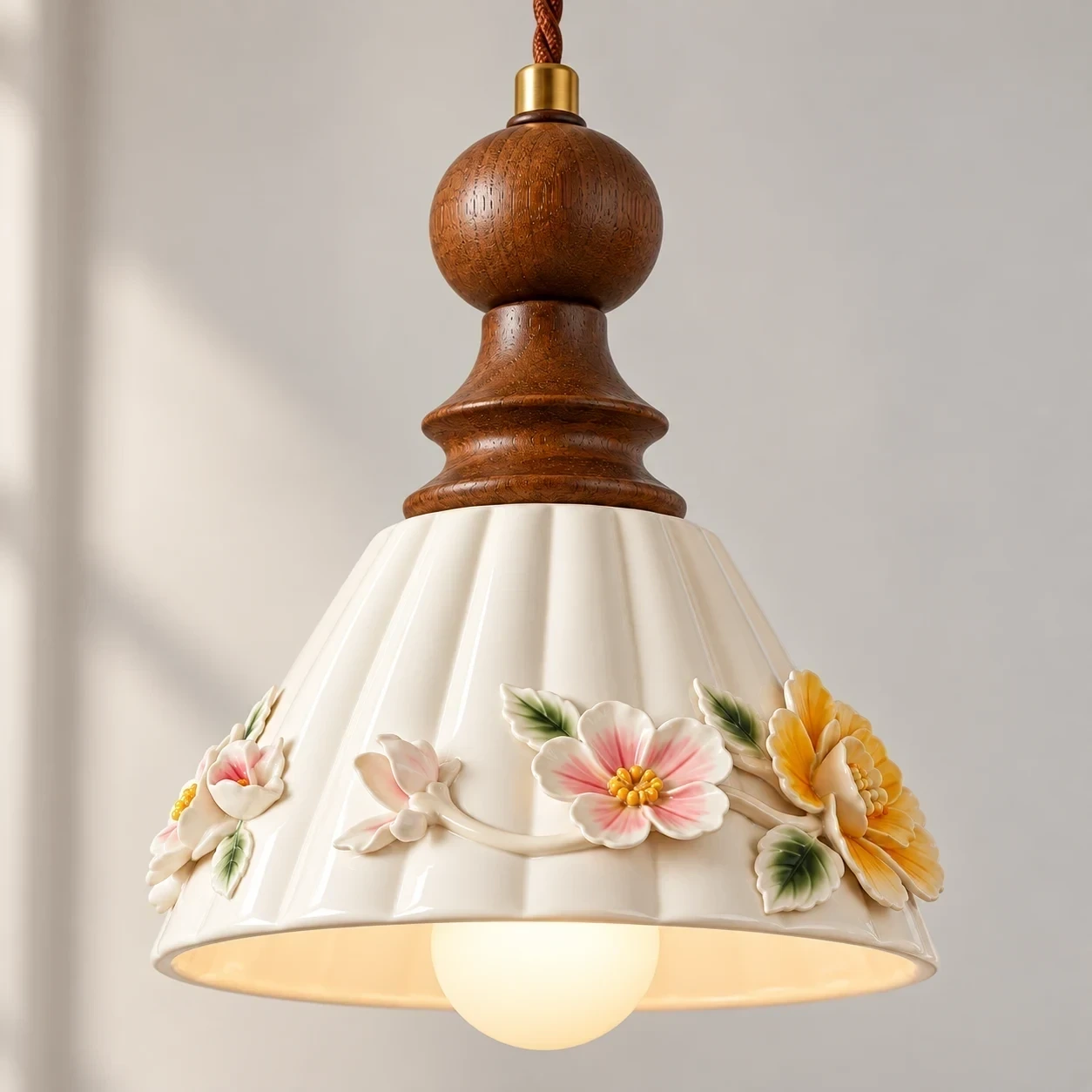 Close view of Vintage Floral Ceramic and Wood Pendant Light fluted ceramic floral shade