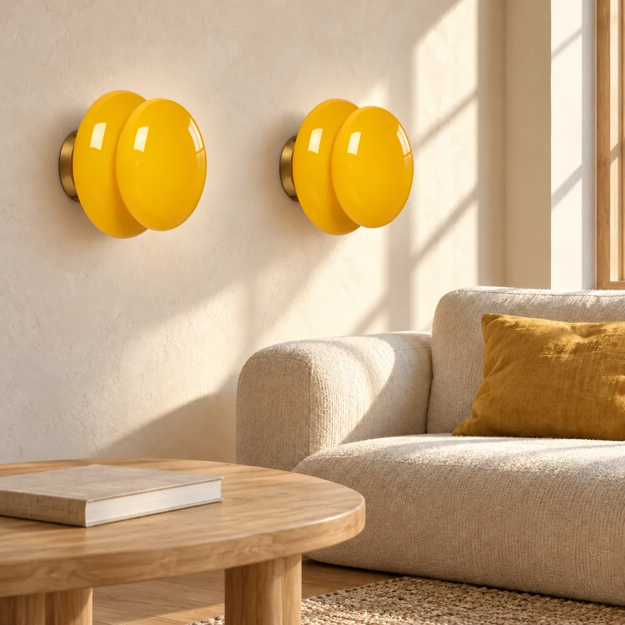 Two mustard wall lights above a sofa