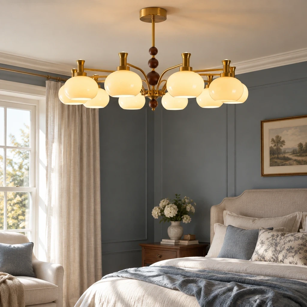 Maeve French Multi-Light Glass Wood Chandelier in a bedroom setting