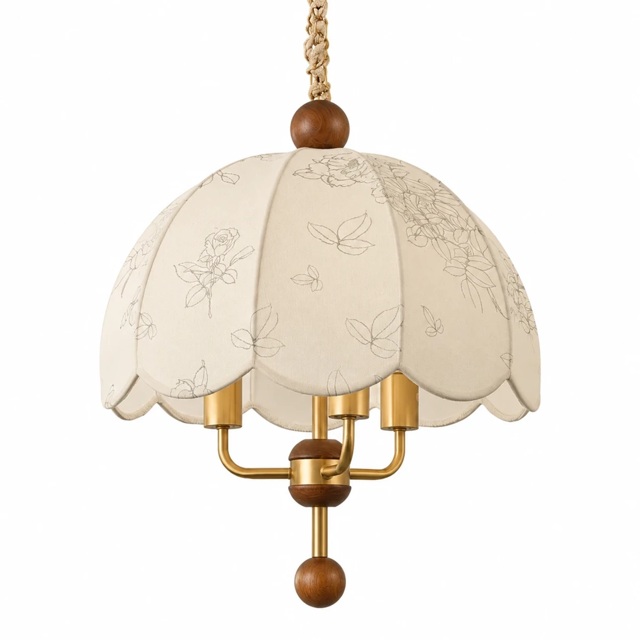 Camille French vintage scalloped wood and fabric chandelier on white