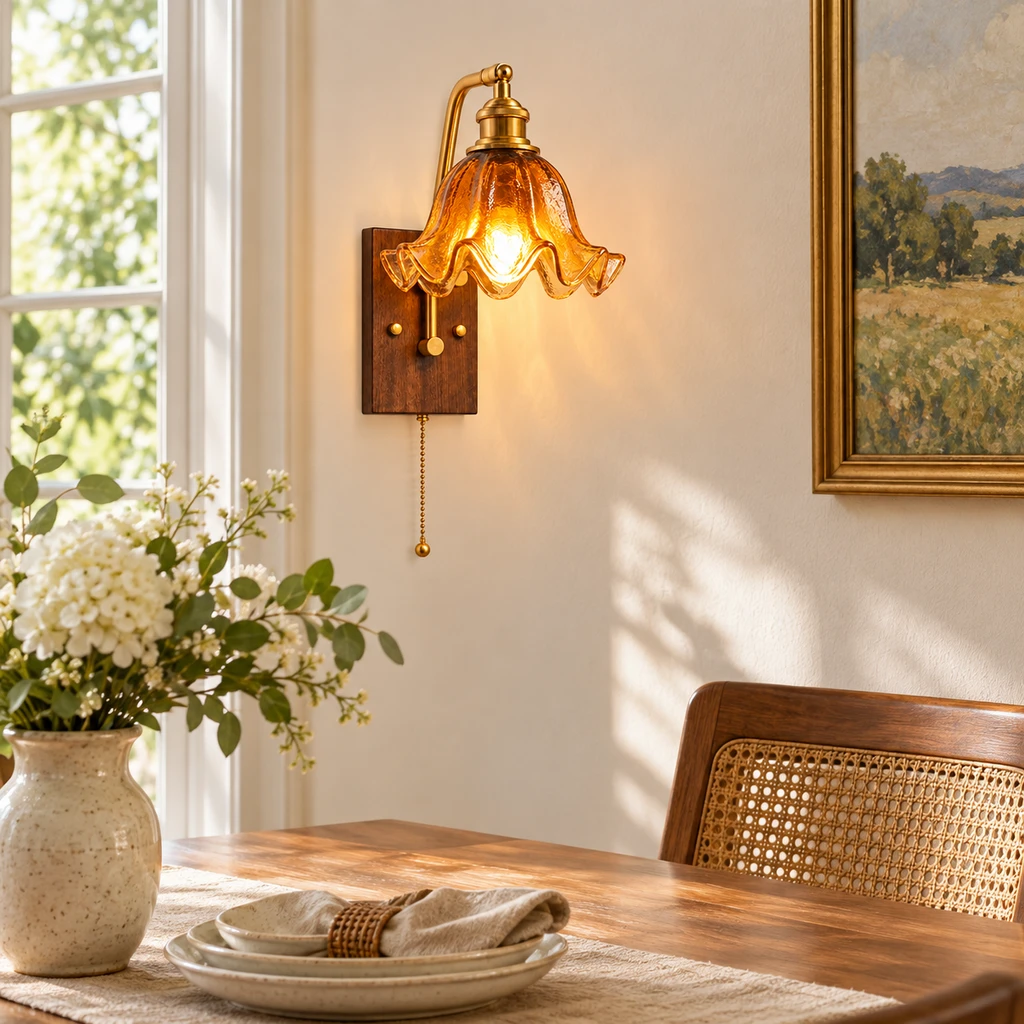 Nora amber glass petal wall sconce beside a dining table