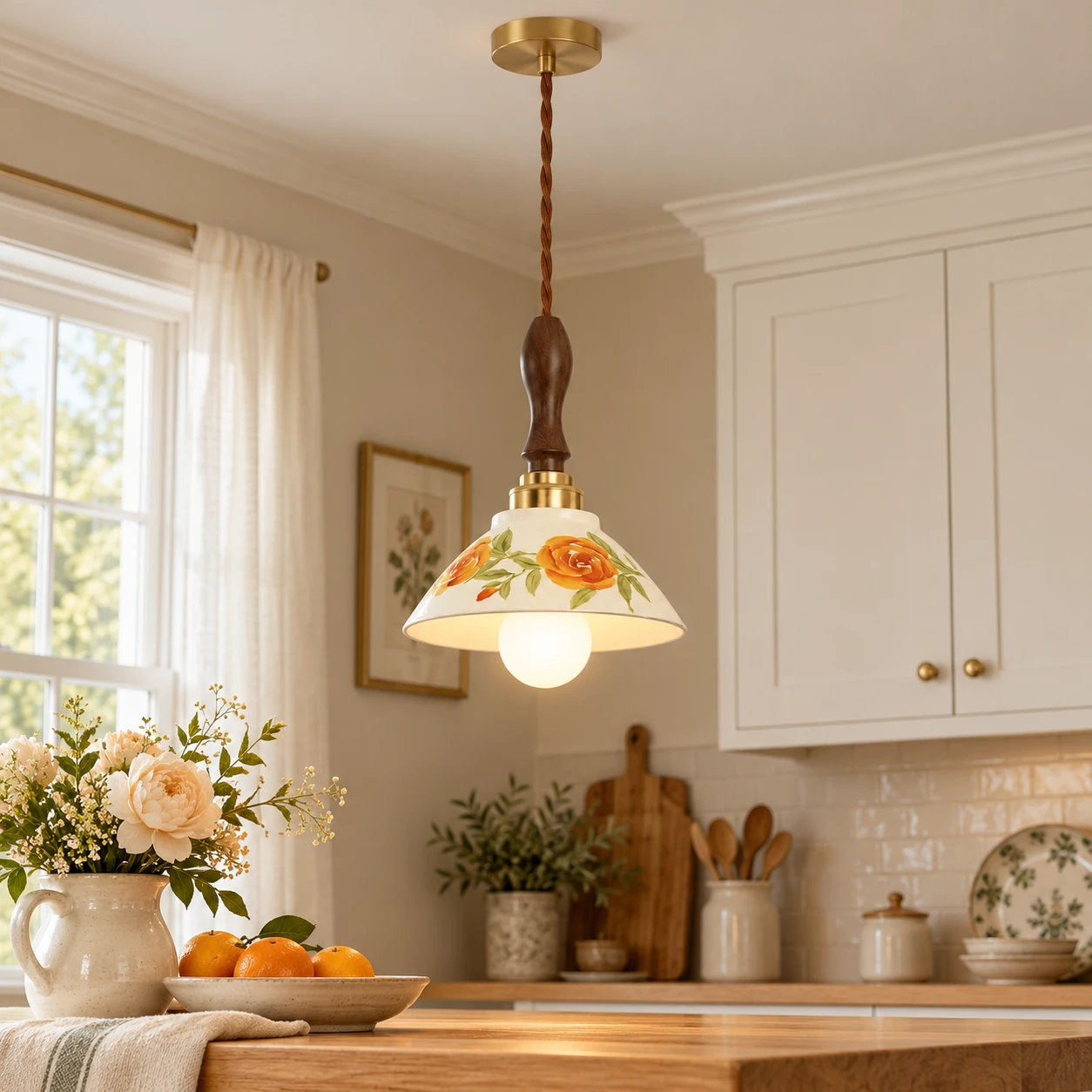 Elise peony ceramic pendant over a French-cottage kitchen island