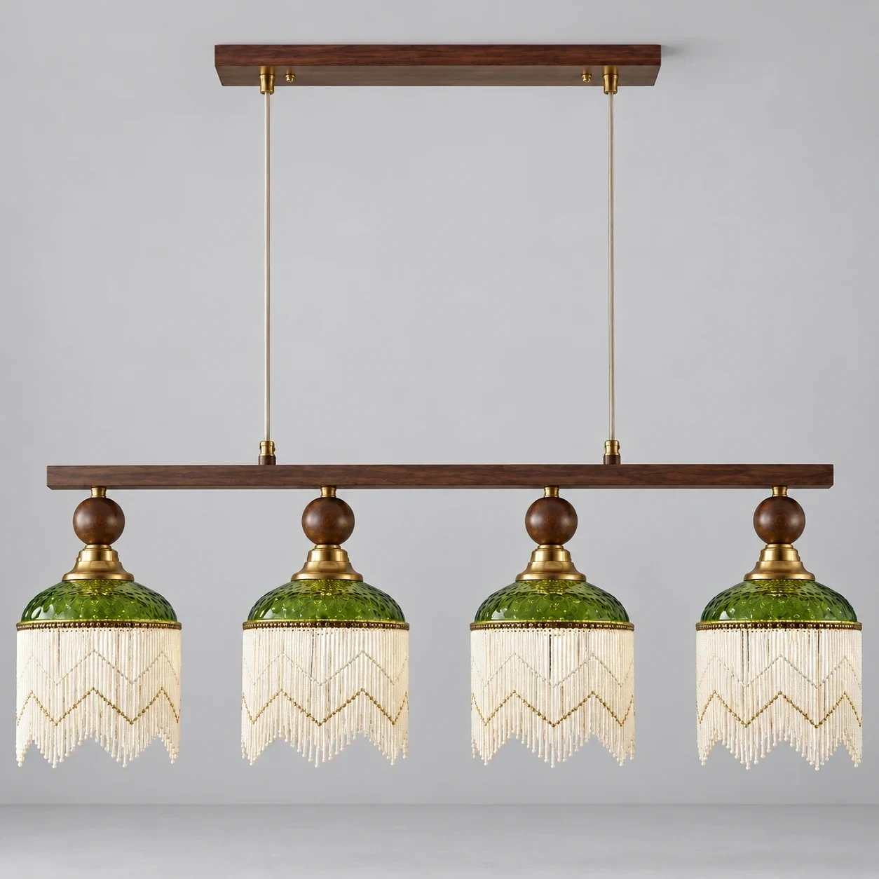 Wushlp Vintage Four-Light Green Glass Linear Pendant Light switched off in a neutral studio