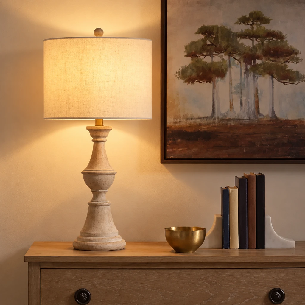 Elena American Vintage Carved Wood and Fabric Table Lamp, Aged Wood, evening room setting