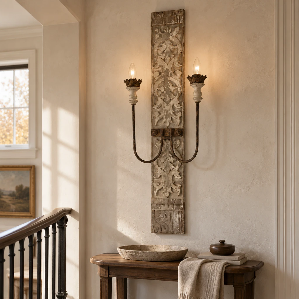 Marielle carved wall sconce mounted safely above a stair-landing console