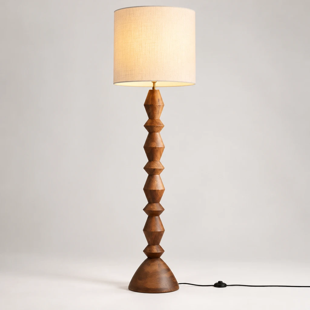 Maya Vintage Carved Wood and Fabric Floor Lamp, Carved Wood, switched-on product in a neutral studio