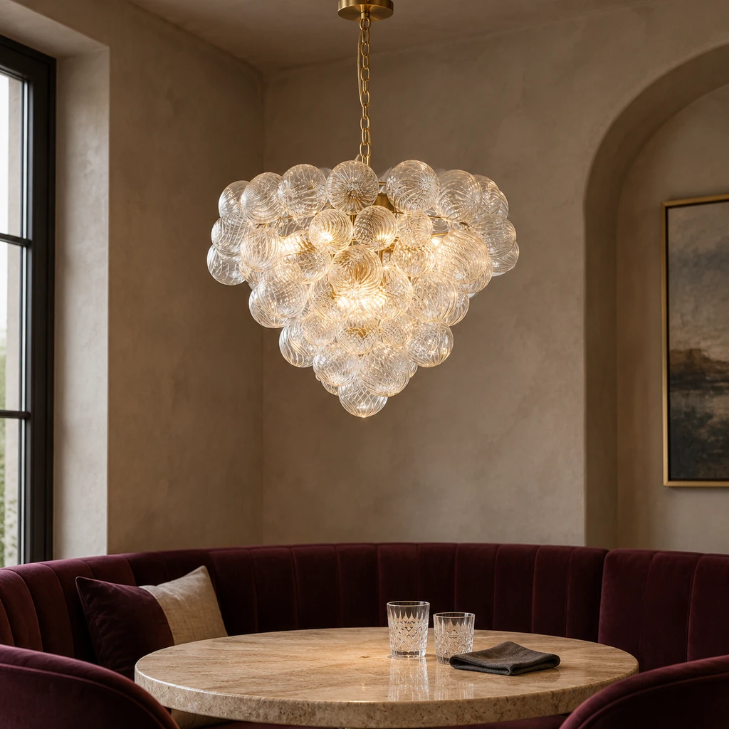 Amelie chandelier above a burgundy boutique lounge seating zone