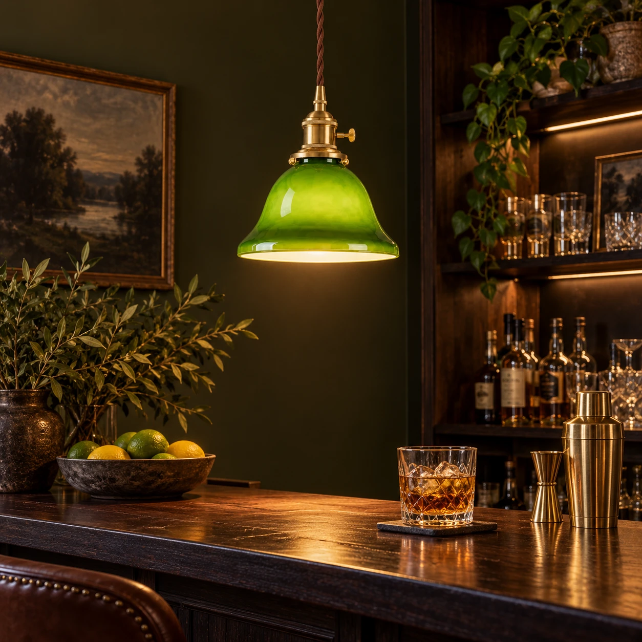 Green glass pendant lamp over a dark home bar counter