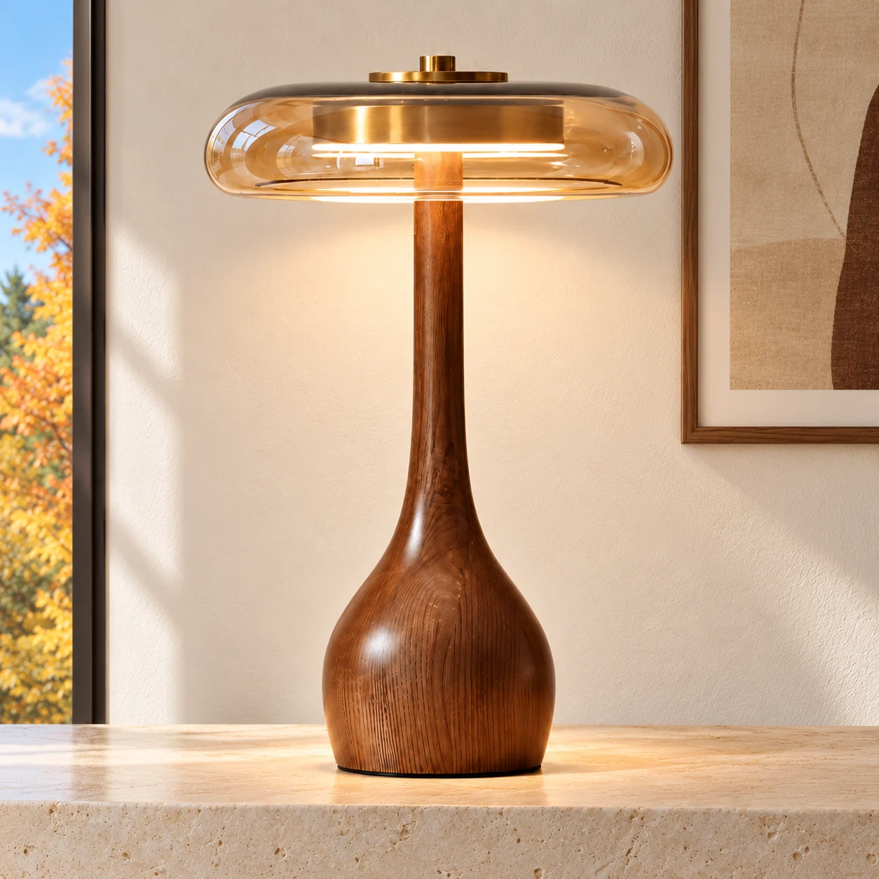 Tall walnut amber table lamp on a limestone ledge