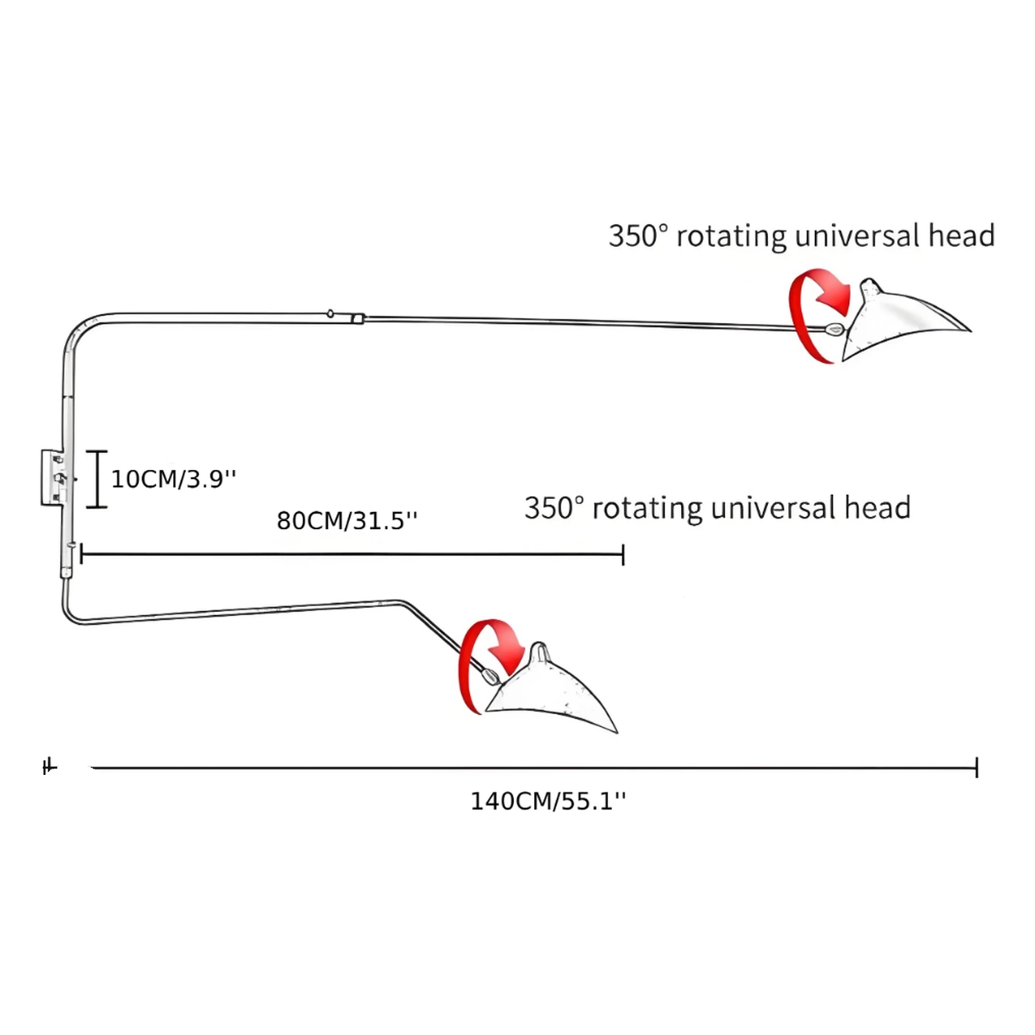 Size diagram, 2 heads, length 140 cm, plate height 10 cm