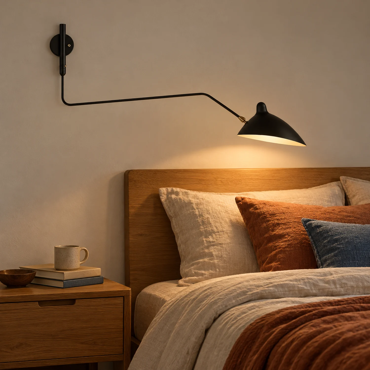 Black one-head wall lamp above a bed