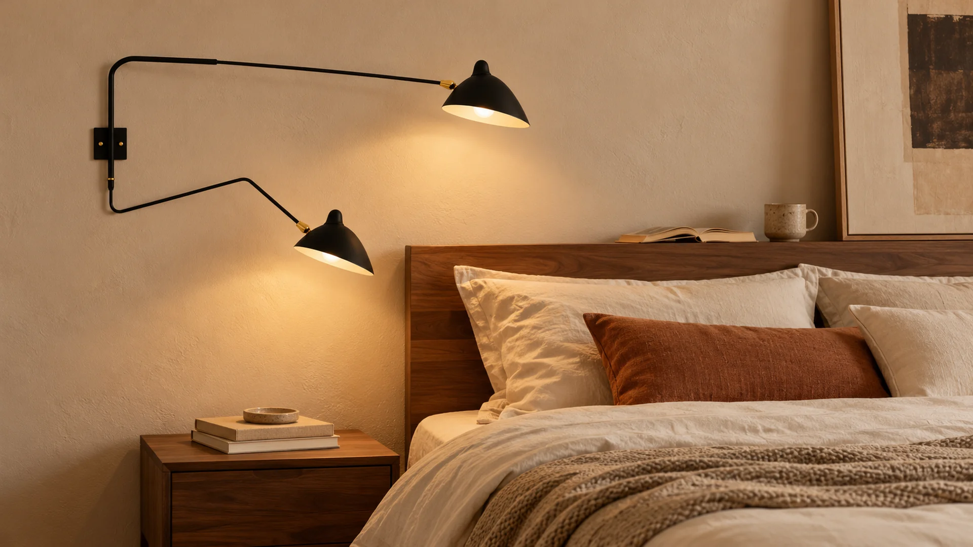 Black two-head wall lamp with one square plate flush beside a bed