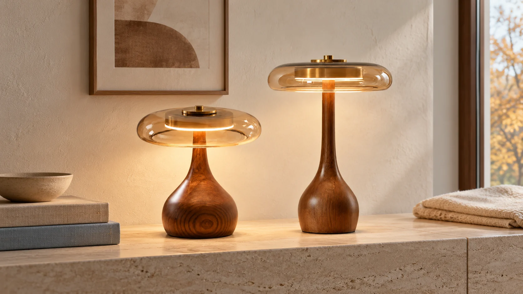 Short and tall walnut amber table lamps together on a limestone console