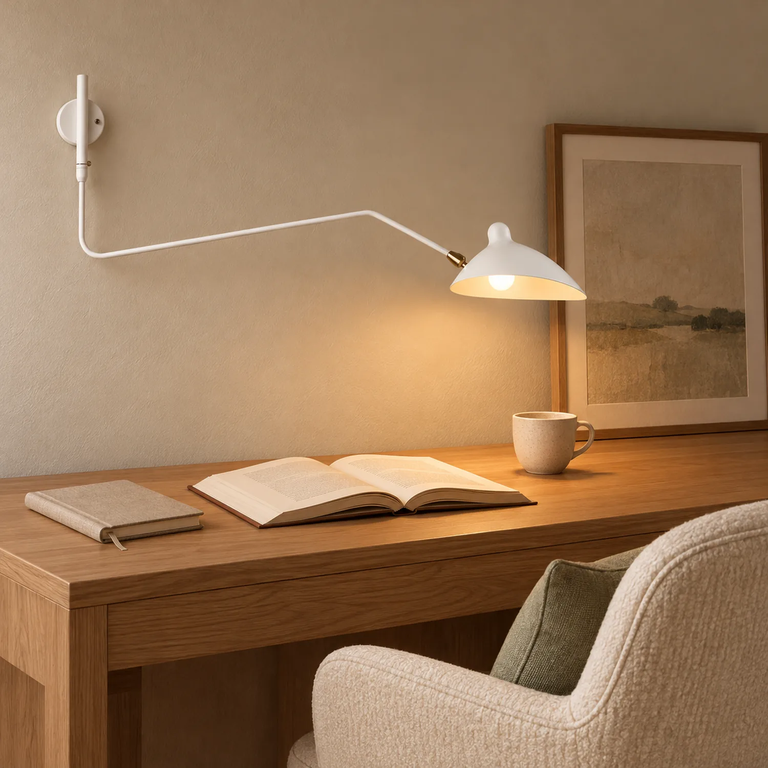 White one-head wall lamp over a desk