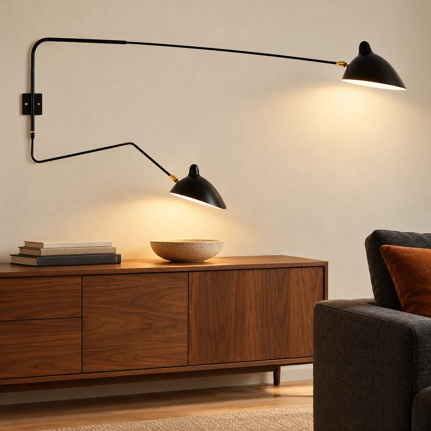 Black two-head wall lamp with one square plate over a sideboard
