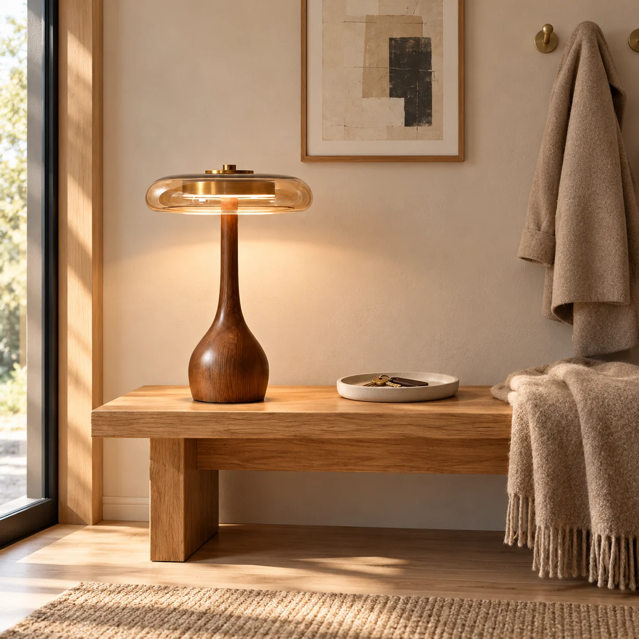 Tall table lamp on an oak entry bench